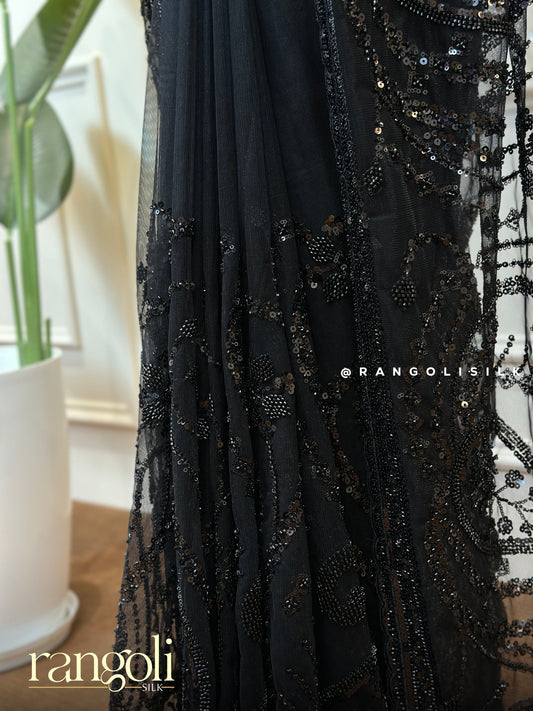 Designer Black Net Saree with Subtle Pattern Work - Post 698