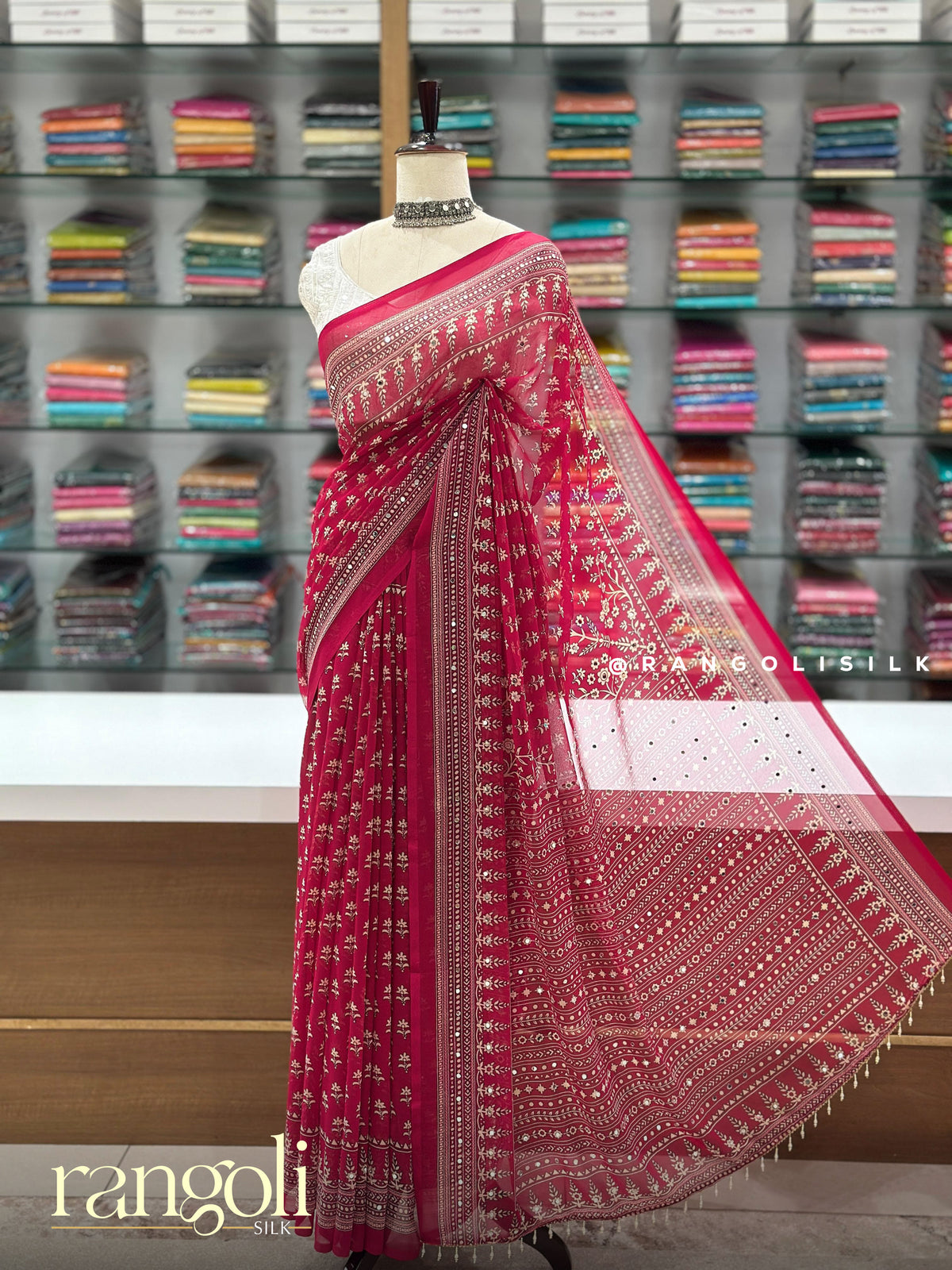 Printed Synthetic Sarees with Mirror Work & Latkans - Post 1007