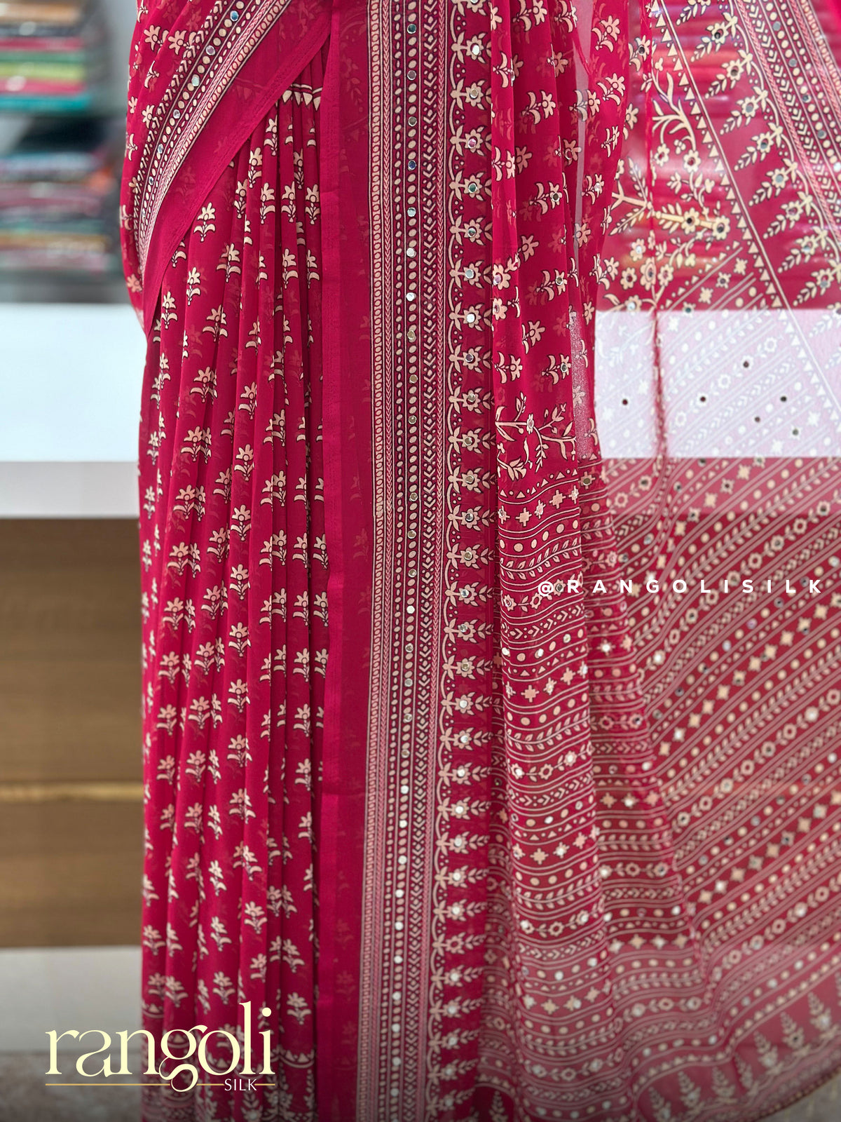 Printed Synthetic Sarees with Mirror Work & Latkans - Post 1007