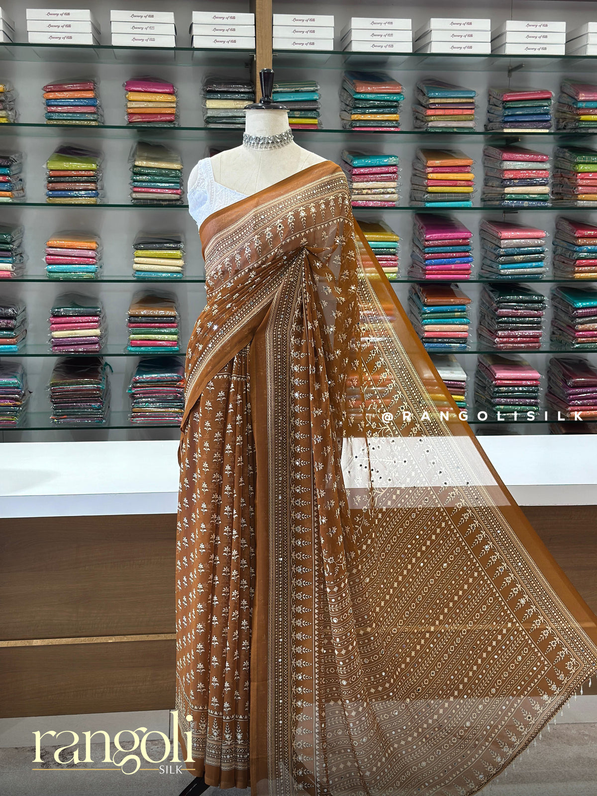 Printed Synthetic Sarees with Mirror Work & Latkans - Post 1007