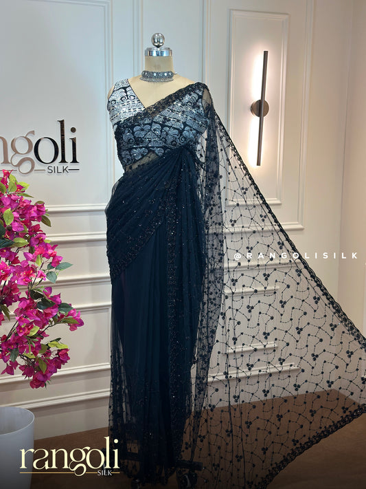 Black Designer Netted Saree with Sequin Embroidery and Beaded Work - Post 868
