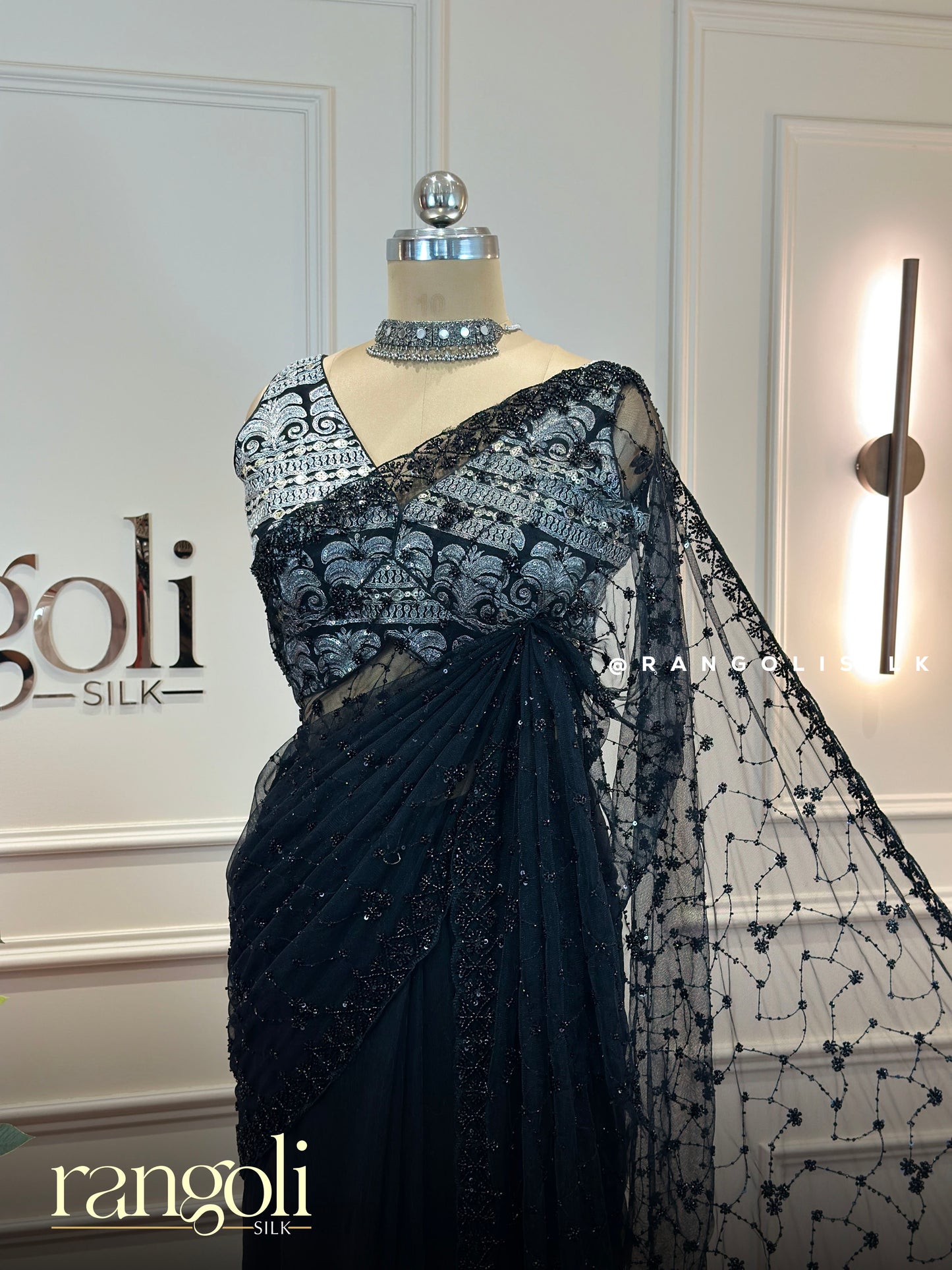 Black Designer Netted Saree with Sequin Embroidery and Beaded Work - Post 868