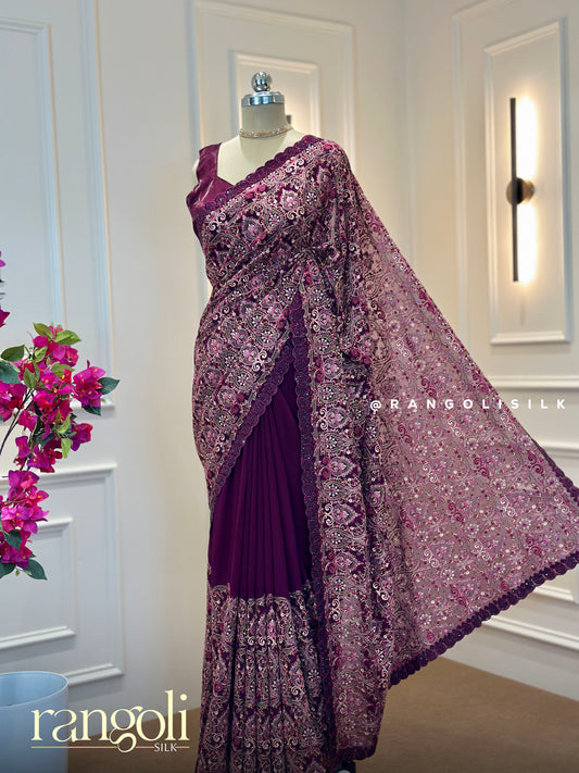 Elegant Maroon Embroidered Saree with Intricate Thread & Zari Work - Post 462