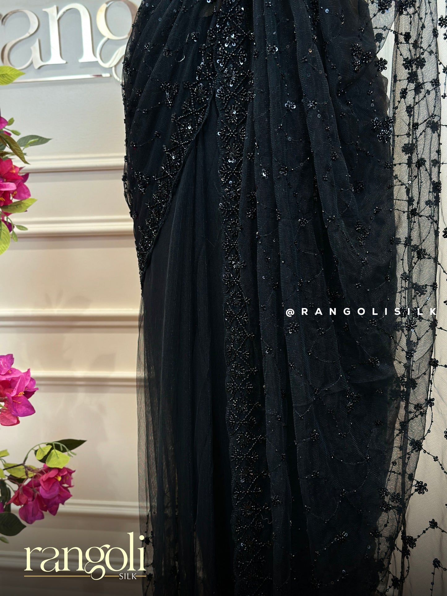 Black Designer Netted Saree with Sequin Embroidery and Beaded Work - Post 868