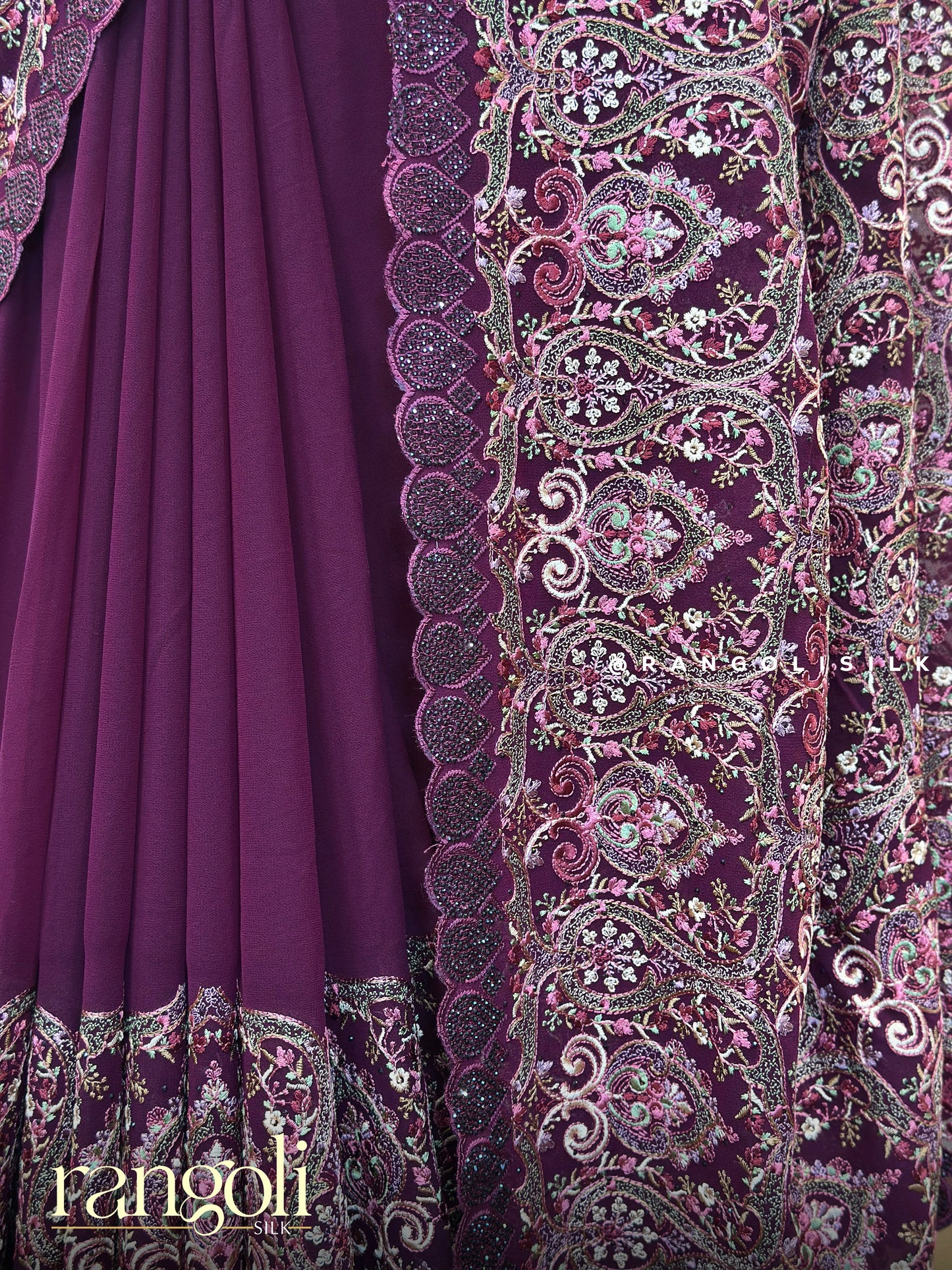Elegant Maroon Embroidered Saree with Intricate Thread & Zari Work - Post 462