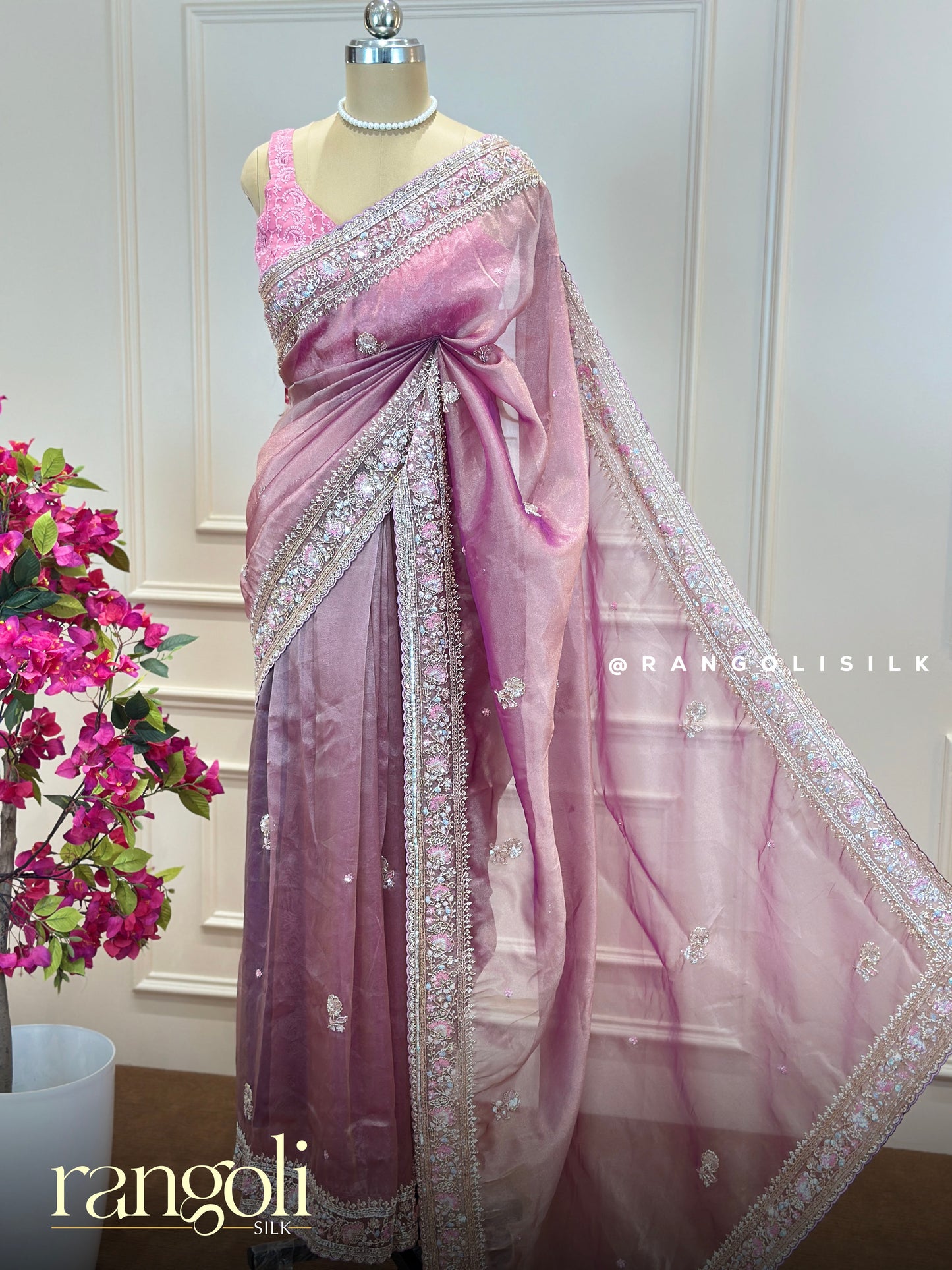Pastel Designer Organza Saree - Embroidered Border with Delicate Sequin Detailing - Post 863