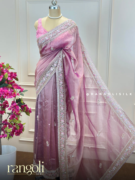 Pastel Designer Organza Saree - Embroidered Border with Delicate Sequin Detailing - Post 863