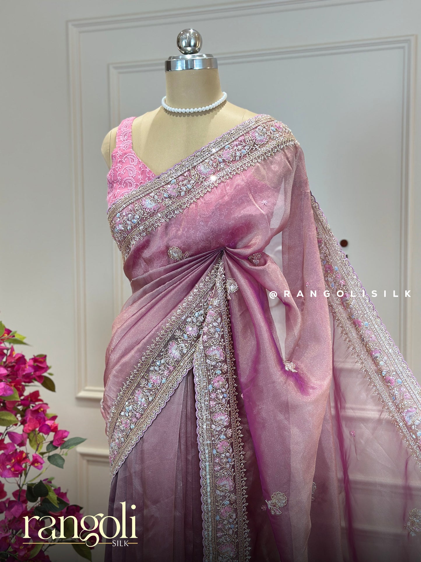 Pastel Designer Organza Saree - Embroidered Border with Delicate Sequin Detailing - Post 863