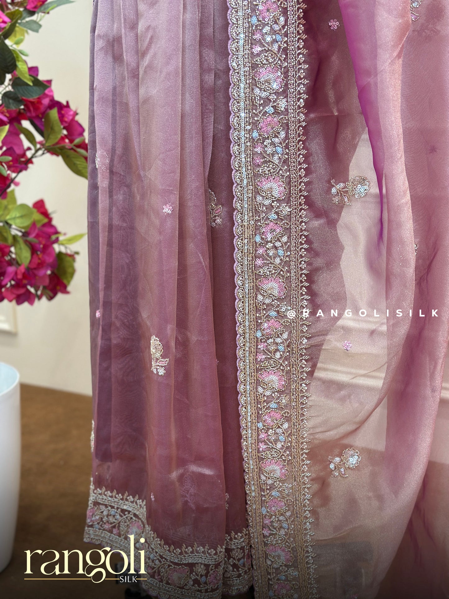 Pastel Designer Organza Saree - Embroidered Border with Delicate Sequin Detailing - Post 863