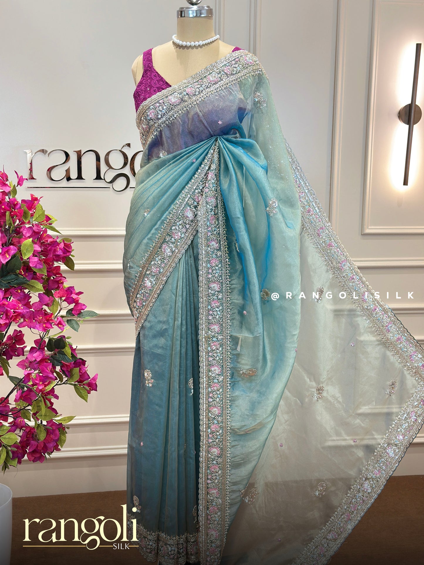 Pastel Designer Organza Saree - Embroidered Border with Delicate Sequin Detailing - Post 863