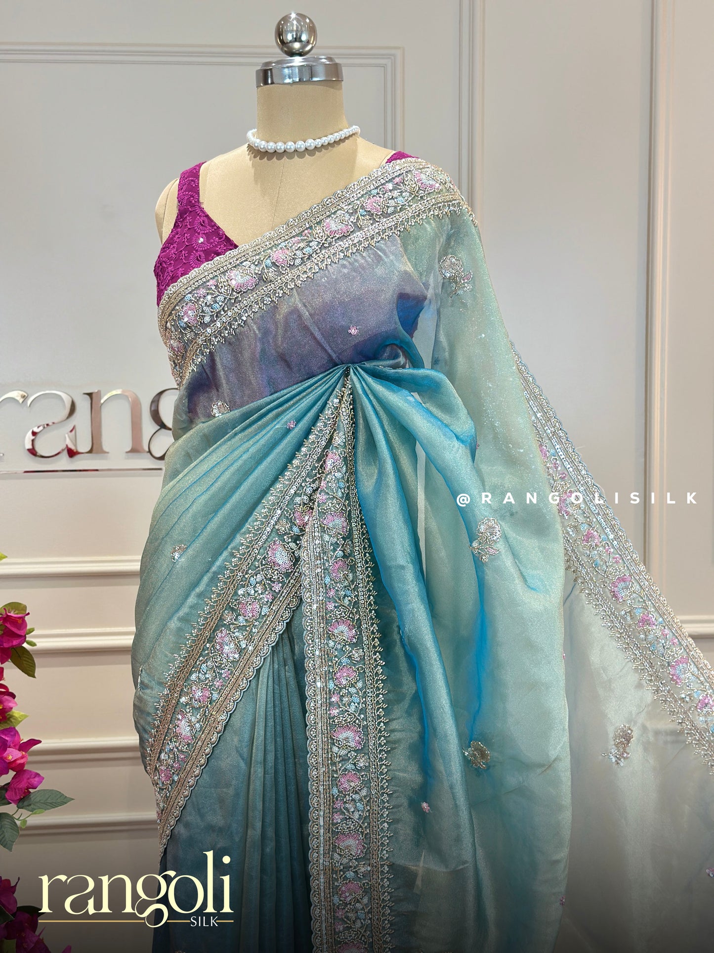 Pastel Designer Organza Saree - Embroidered Border with Delicate Sequin Detailing - Post 863