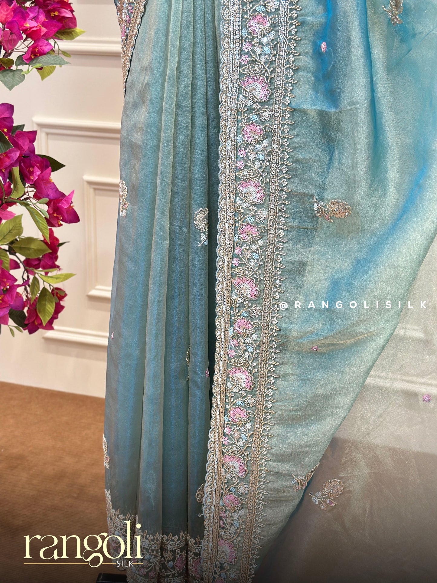Pastel Designer Organza Saree - Embroidered Border with Delicate Sequin Detailing - Post 863
