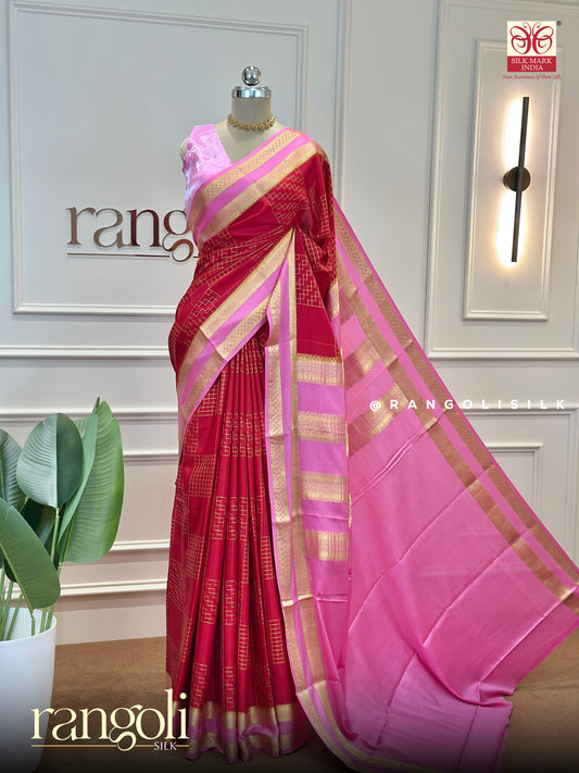 Festive Red & Pink Pure Mysore Silk Saree with Golden Zari – Post 574