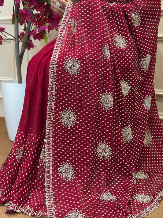 Ruby Red Designer Saree with Intricate Embellishments & Regal Border - Post 764