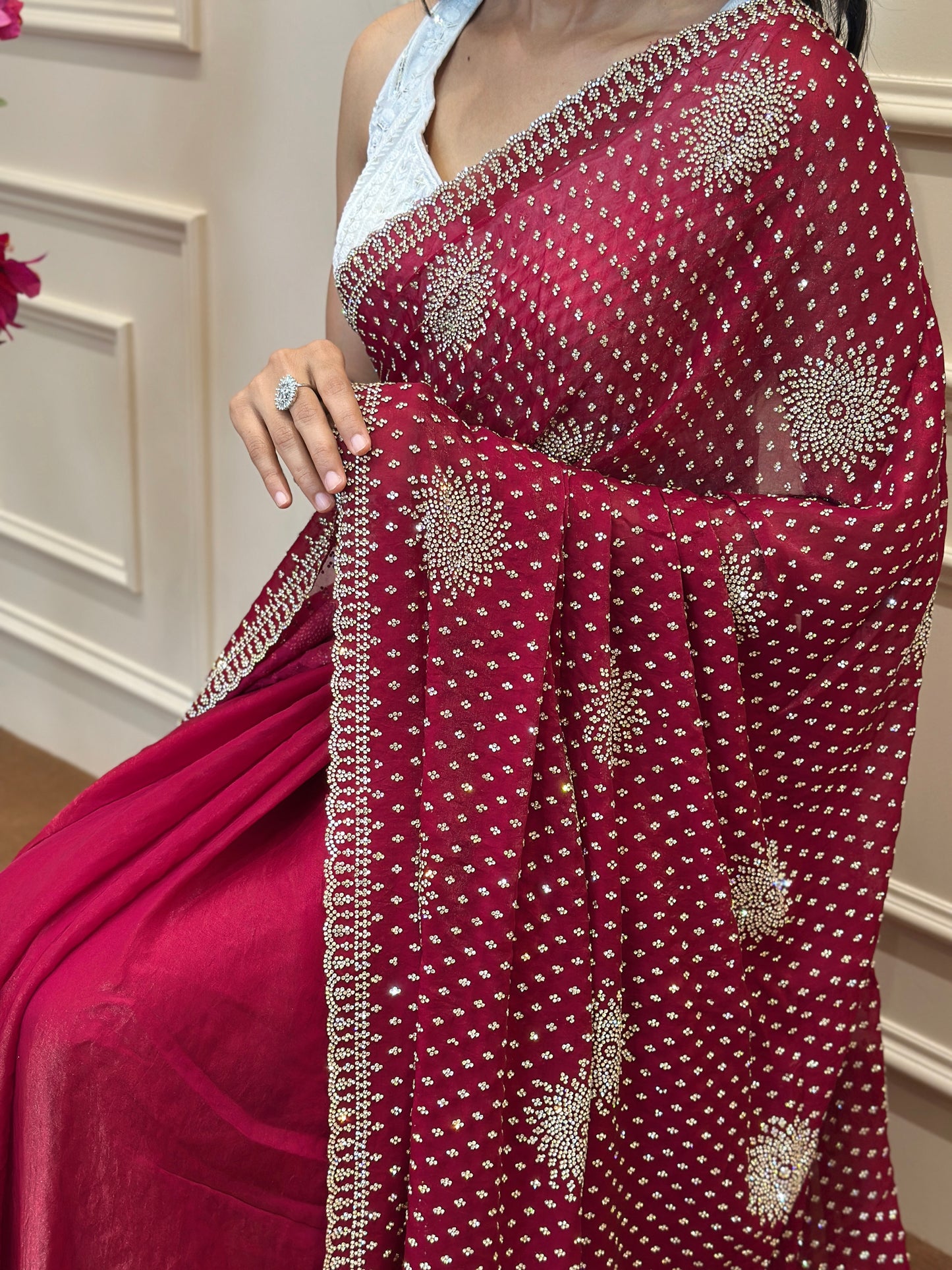 Ruby Red Designer Saree with Intricate Embellishments & Regal Border - Post 764