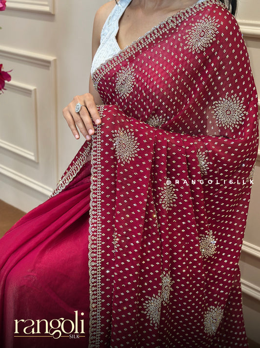 Ruby Red Designer Saree with Intricate Embellishments & Regal Border - Post 764