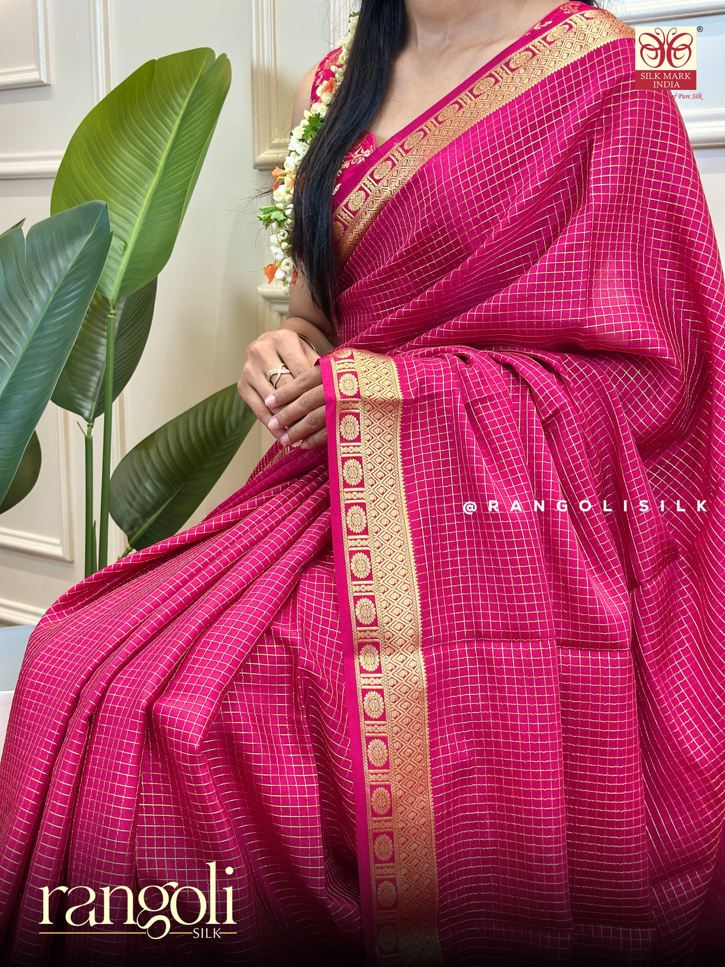 Pure Mysore Silk Saree with Small Checks & Golden Border - Post 752