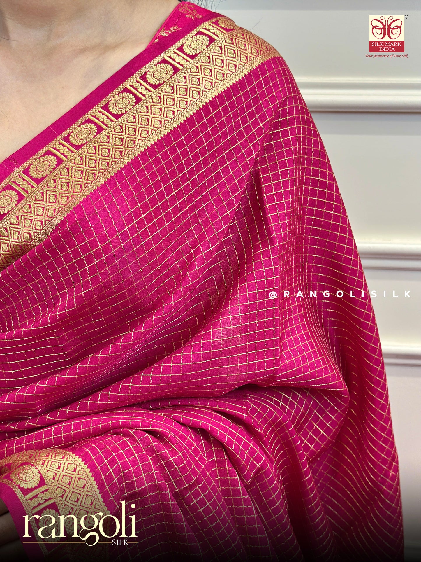 Pure Mysore Silk Saree with Small Checks & Golden Border - Post 752
