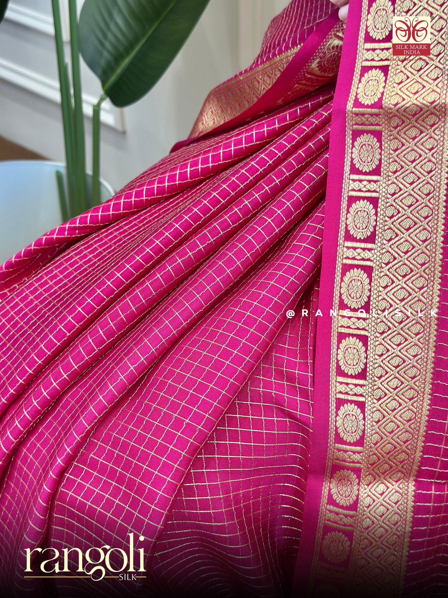 Pure Mysore Silk Saree with Small Checks & Golden Border - Post 752
