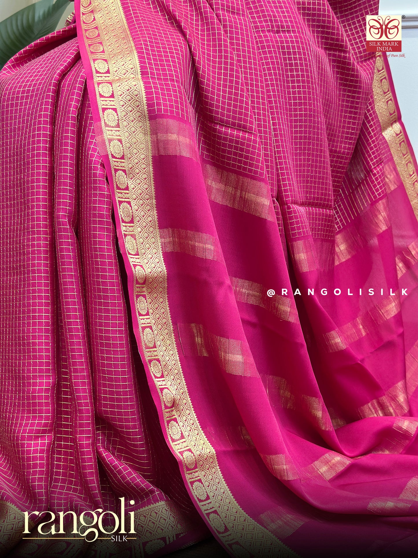 Pure Mysore Silk Saree with Small Checks & Golden Border - Post 752