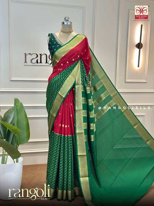Pure Mysore Silk Saree in Green and Red with Rich Zari Work and Timeless Festive Elegance - Post 576