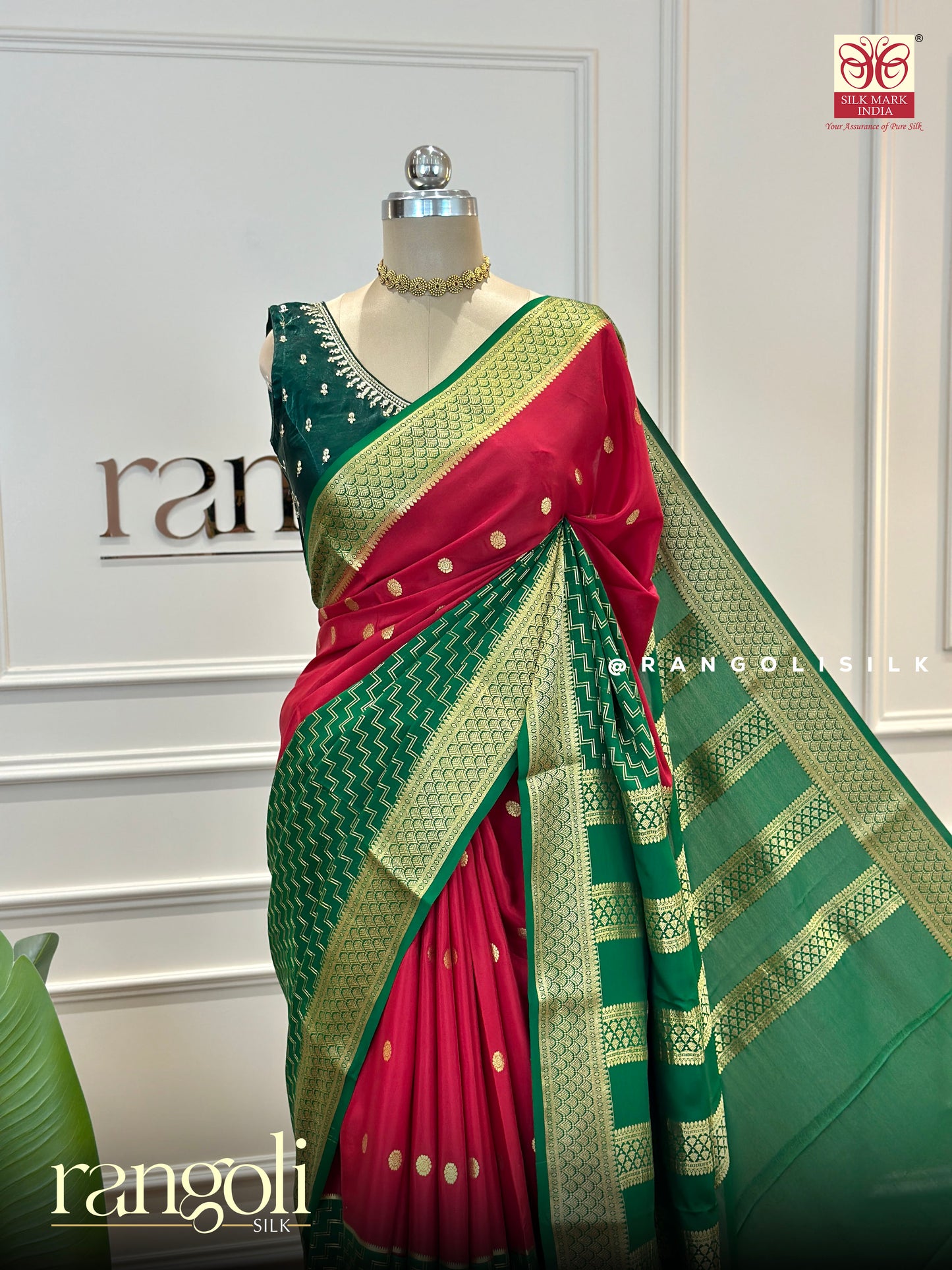Pure Mysore Silk Saree in Green and Red with Rich Zari Work and Timeless Festive Elegance - Post 576