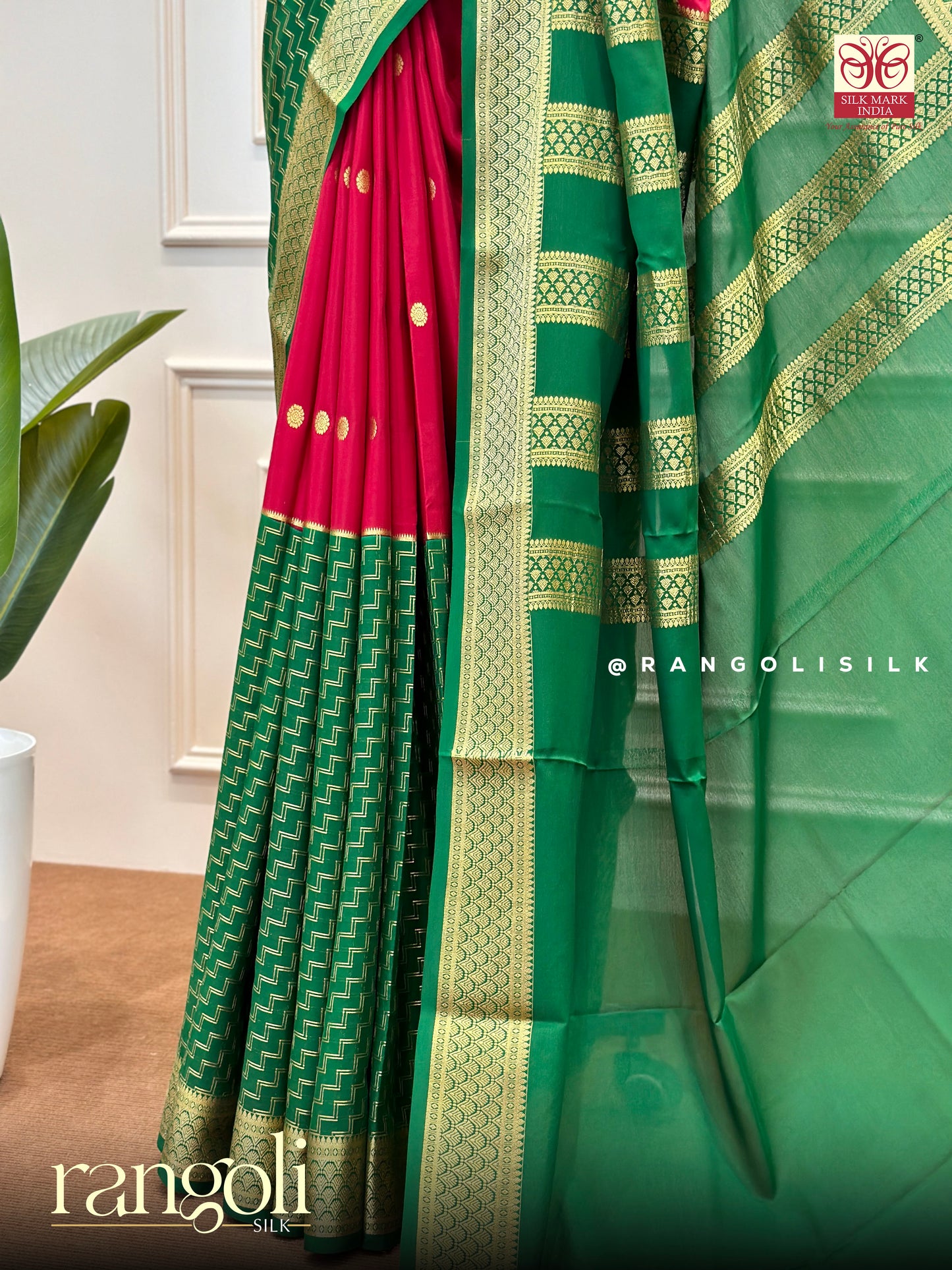 Pure Mysore Silk Saree in Green and Red with Rich Zari Work and Timeless Festive Elegance - Post 576