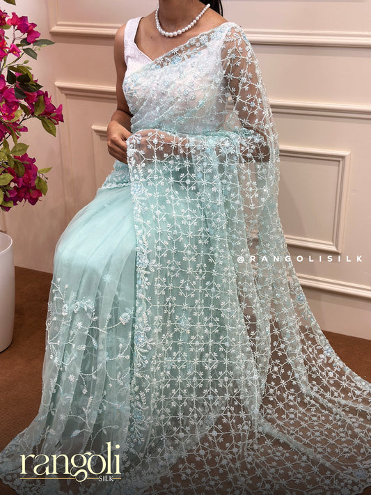 Designer Powder Blue Soft Net Saree - Post 874