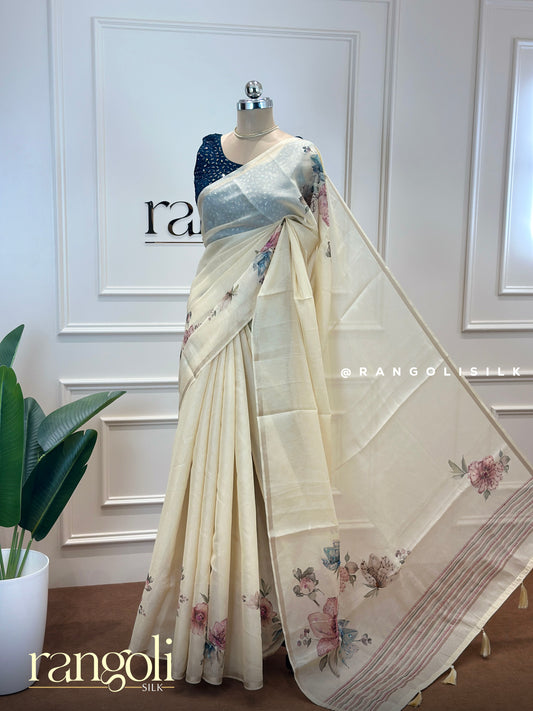 Ivory Cotton Saree with Delicate Floral Prints & Pastel Accents – Post 572