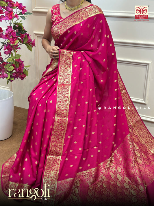 Pure Mysore Crepe Silk Saree – Rani Pink with Gold Zari Buttas & Rich  Pallu - Post 870