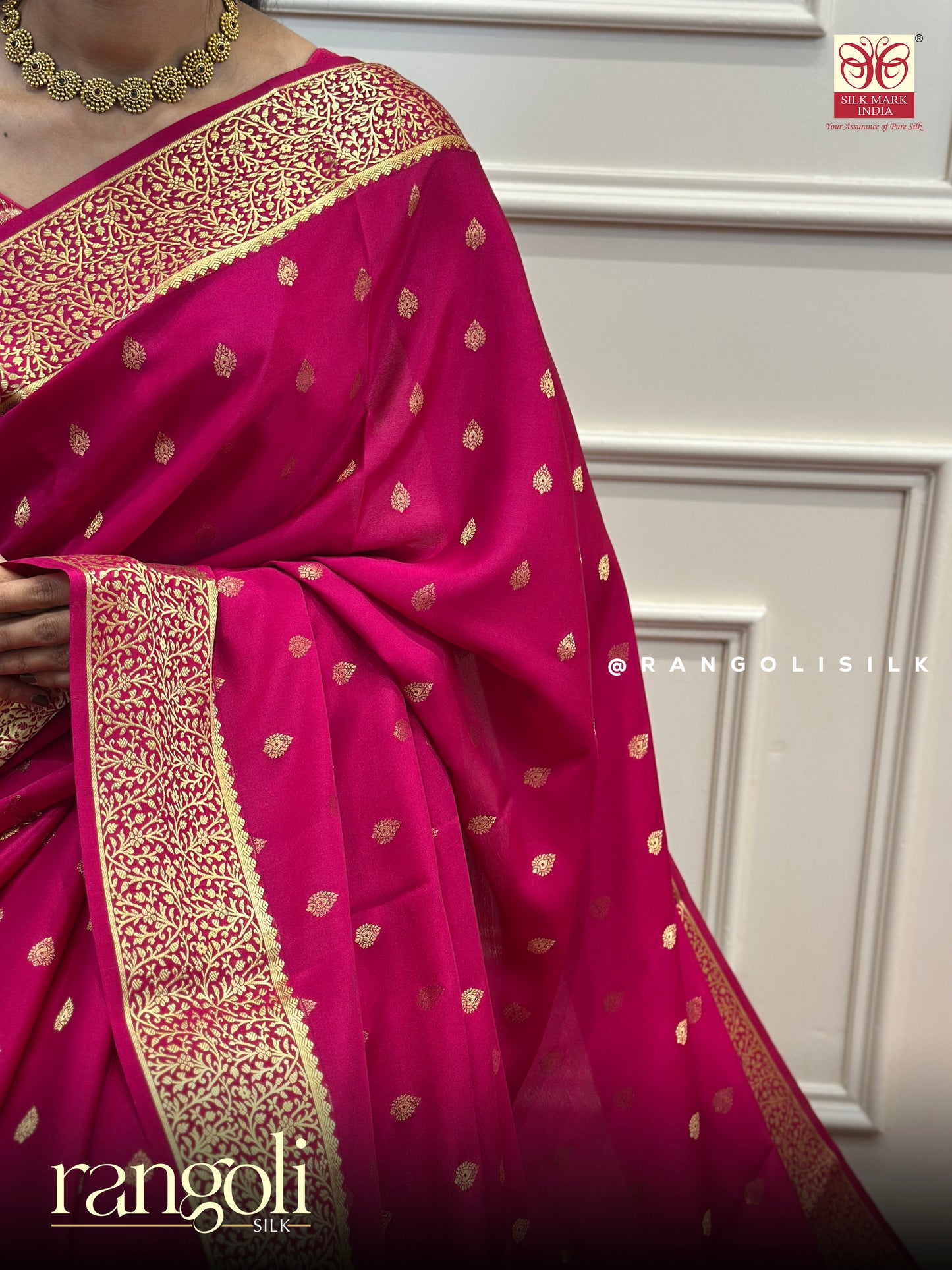 Pure Mysore Crepe Silk Saree – Rani Pink with Gold Zari Buttas & Rich  Pallu - Post 870