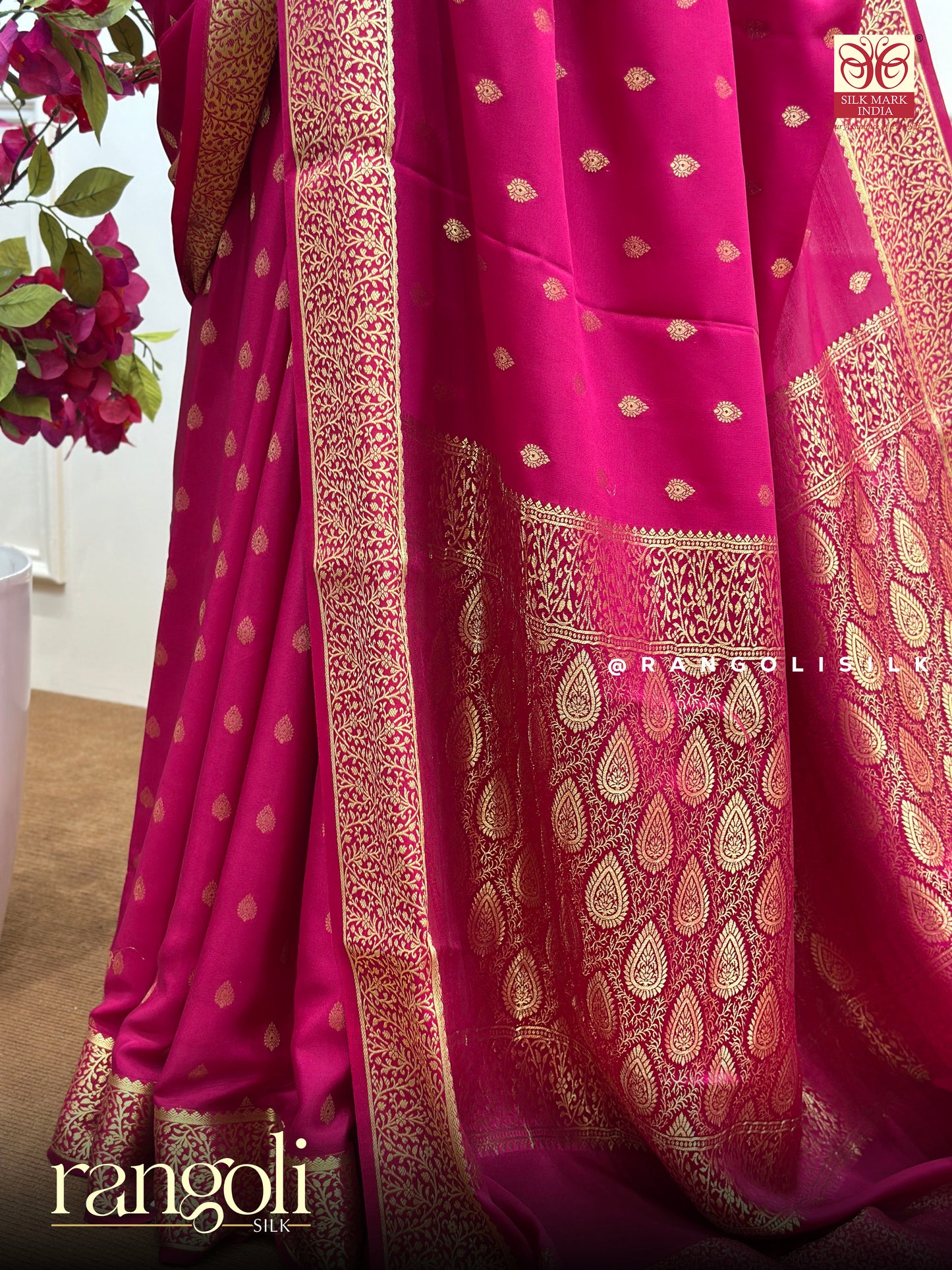 Pure Mysore Crepe Silk Saree – Rani Pink with Gold Zari Buttas & Rich  Pallu - Post 870