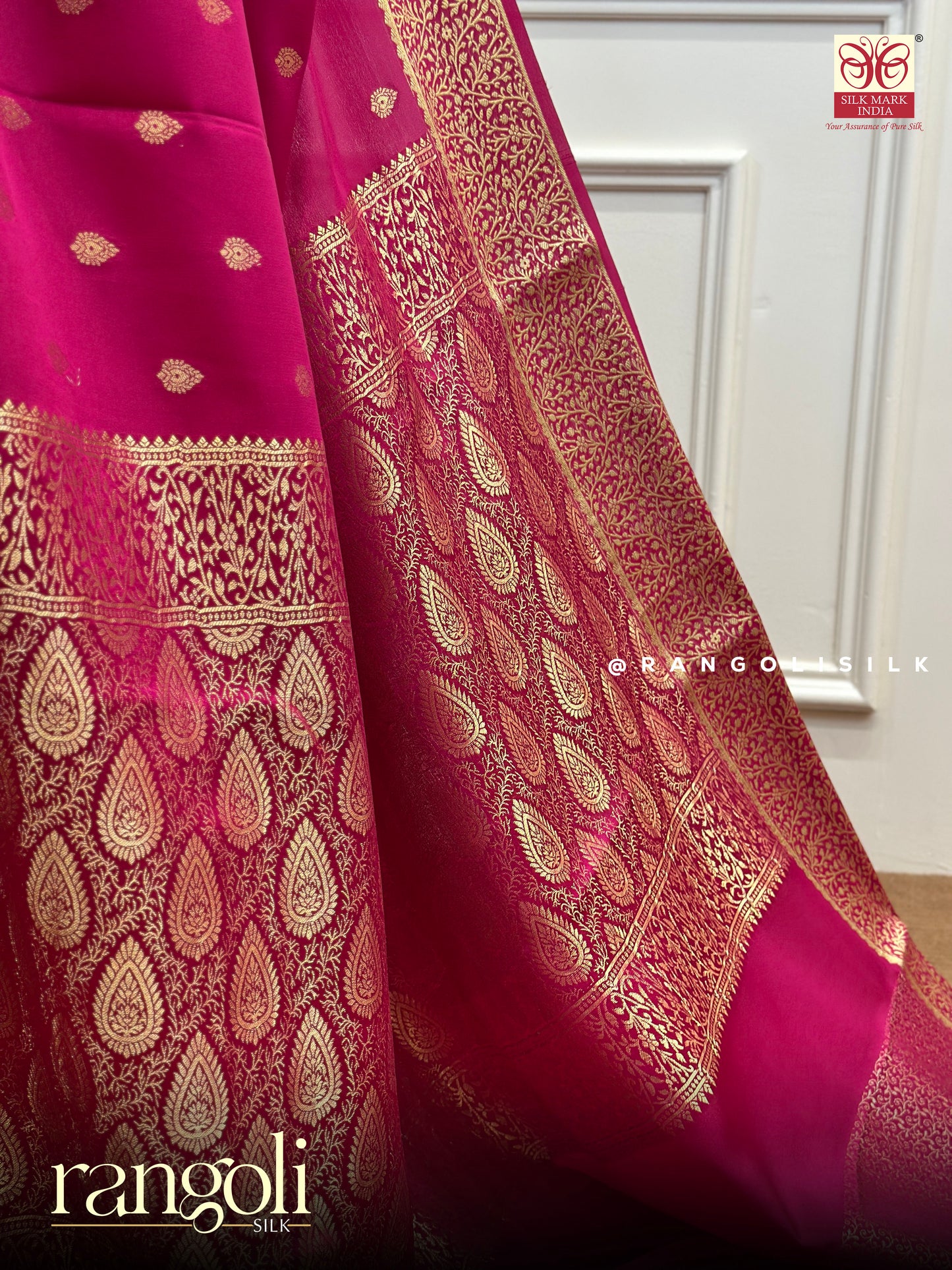 Pure Mysore Crepe Silk Saree – Rani Pink with Gold Zari Buttas & Rich  Pallu - Post 870