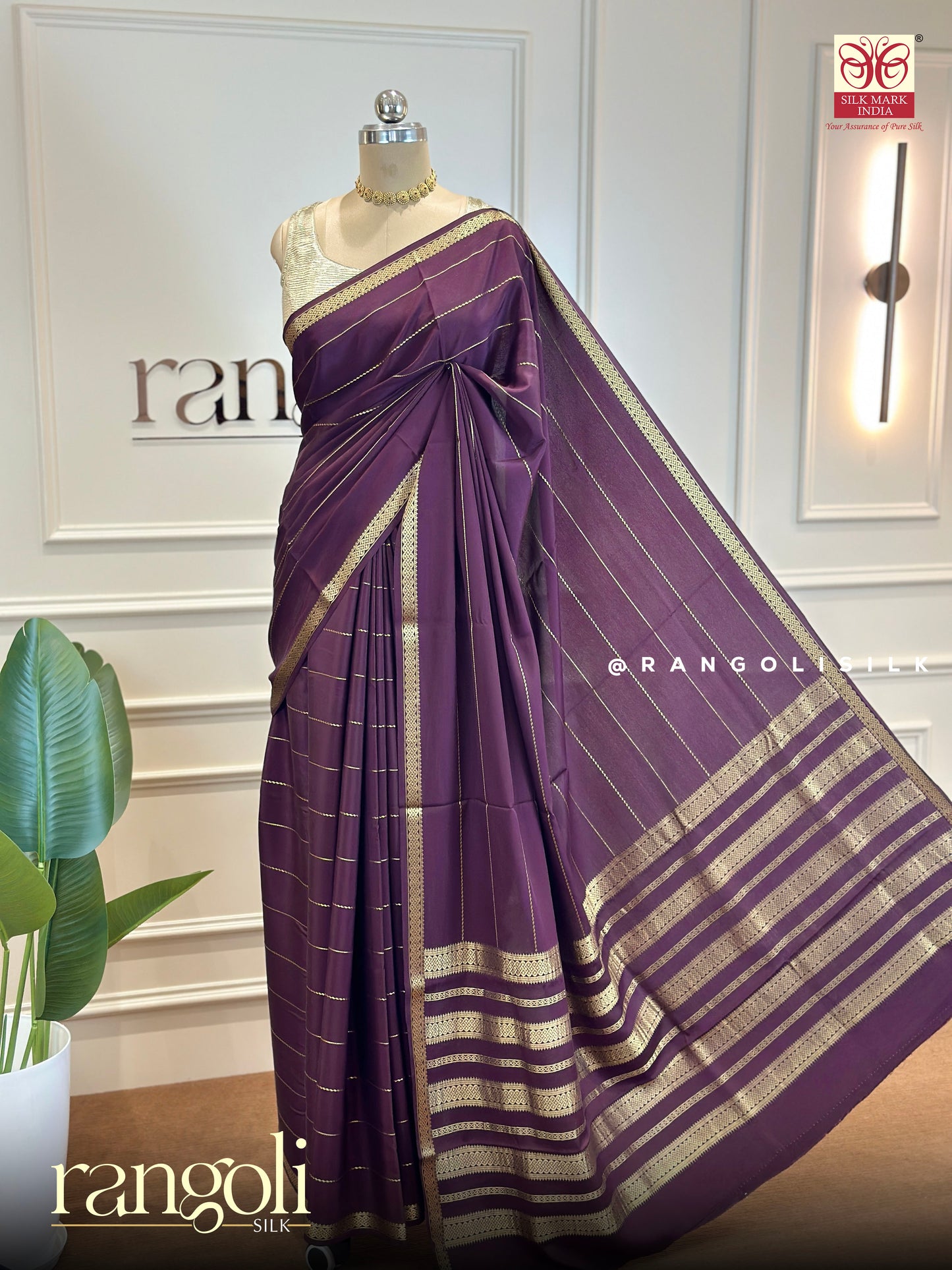 Pure Mysore Silk Saree in Deep Purple with Gold Zari Stripes - Post 683