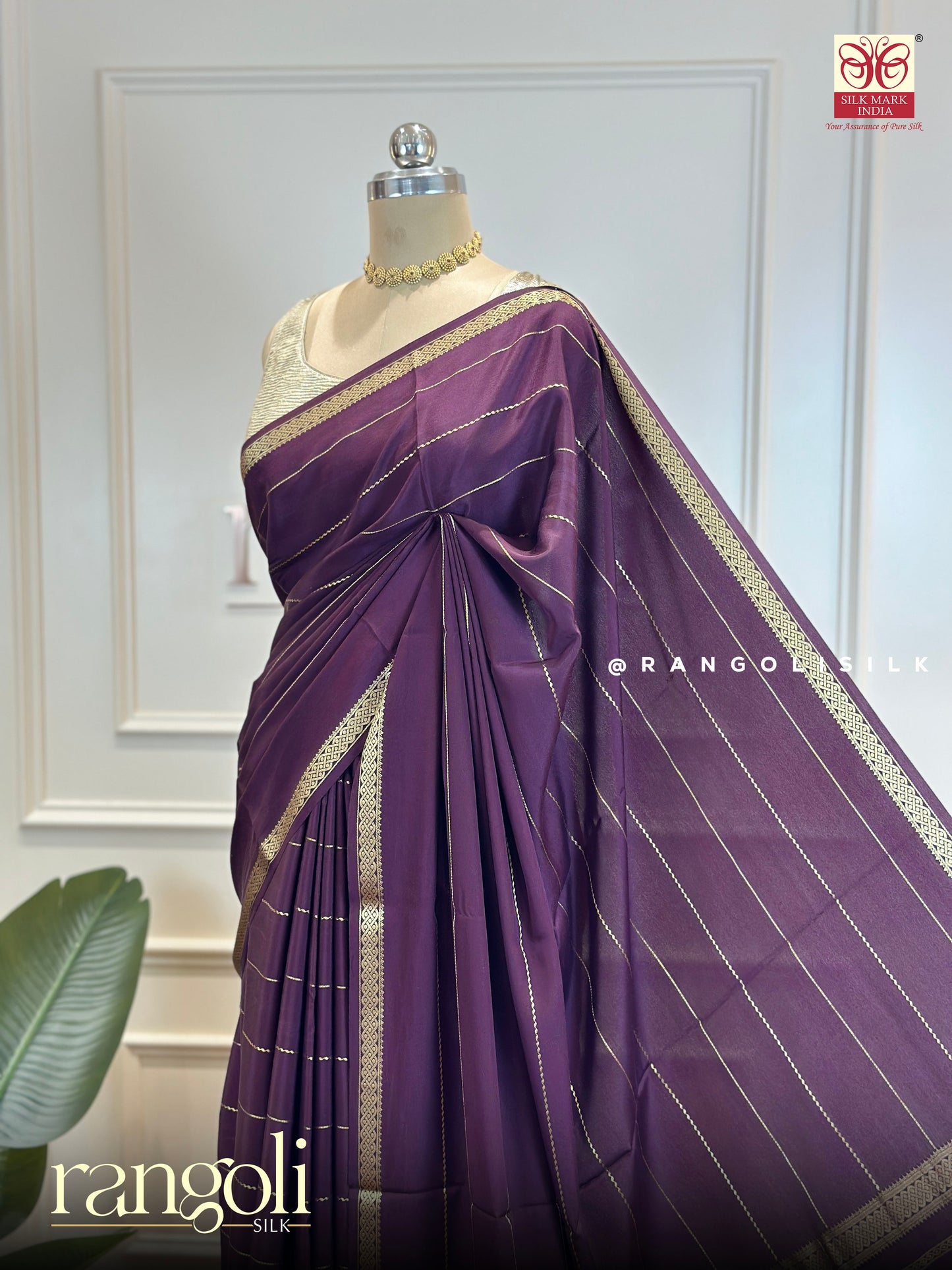 Pure Mysore Silk Saree in Deep Purple with Gold Zari Stripes - Post 683