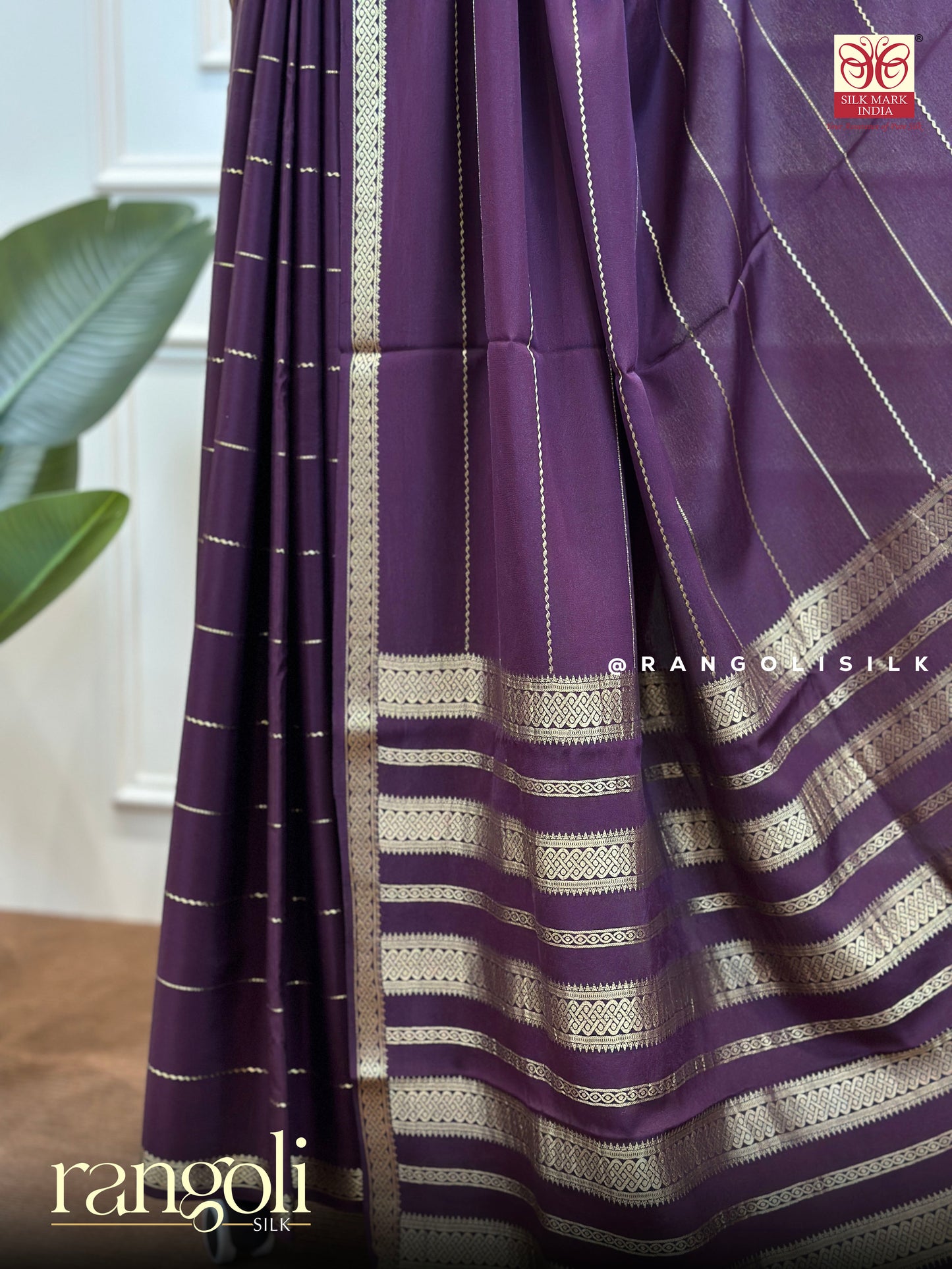 Pure Mysore Silk Saree in Deep Purple with Gold Zari Stripes - Post 683