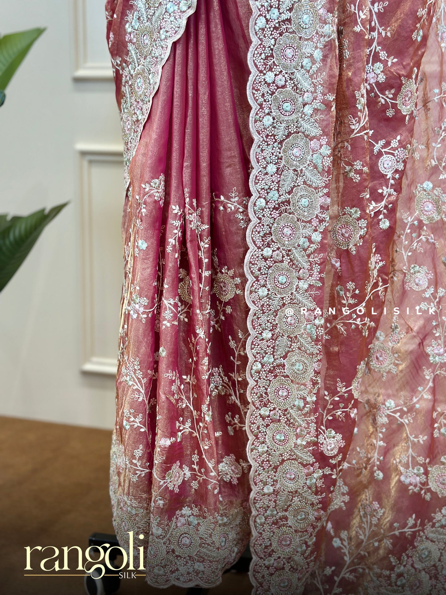 Designer Blush Pink Soft Organza Saree with Floral Embroidery & Scalloped Border - Post 750