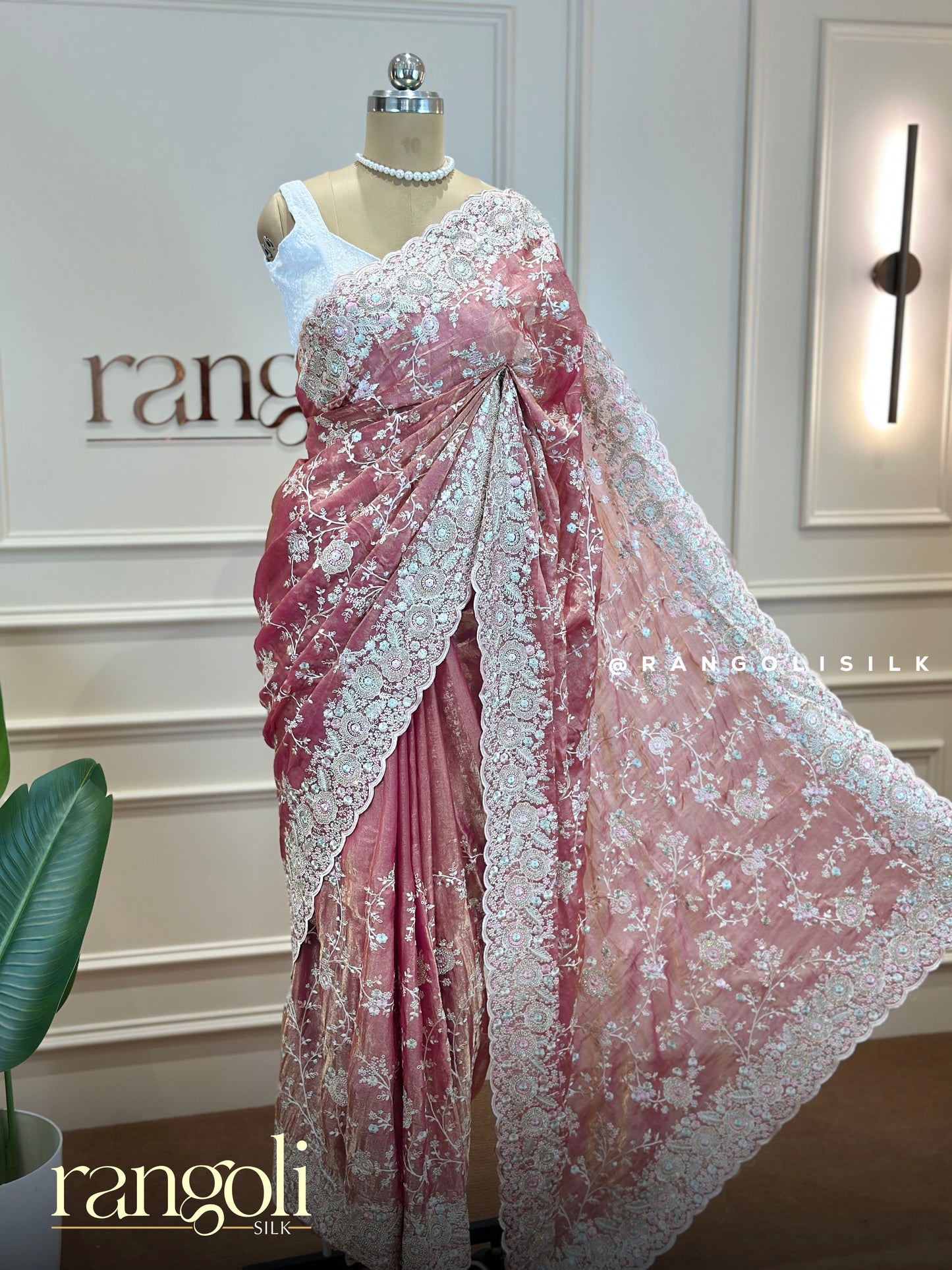 Designer Blush Pink Soft Organza Saree with Floral Embroidery & Scalloped Border - Post 750