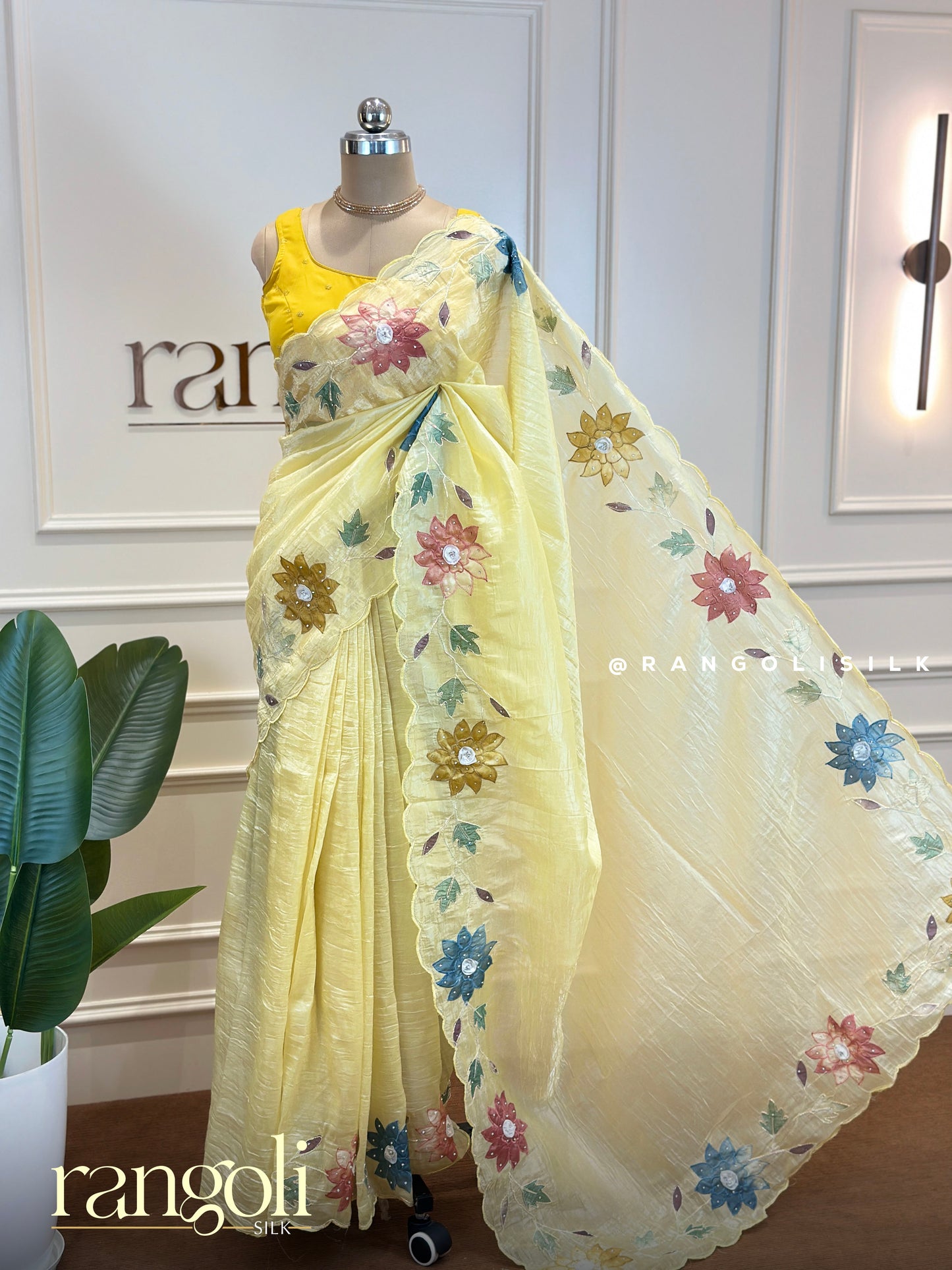 Lemon Yellow Designer Saree with Multicolour Floral Embroidery & Scalloped Border - Post 670