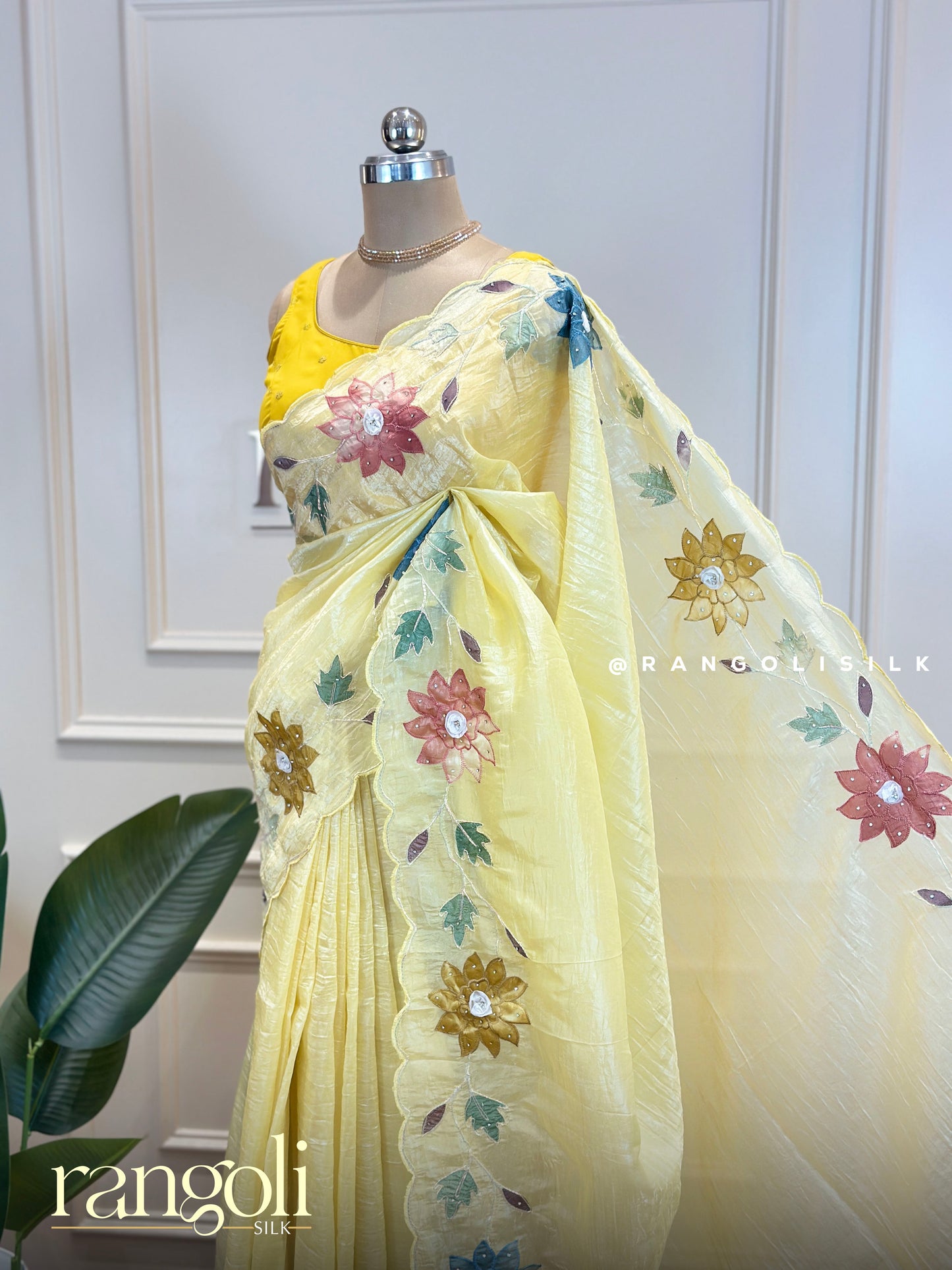 Lemon Yellow Designer Saree with Multicolour Floral Embroidery & Scalloped Border - Post 670