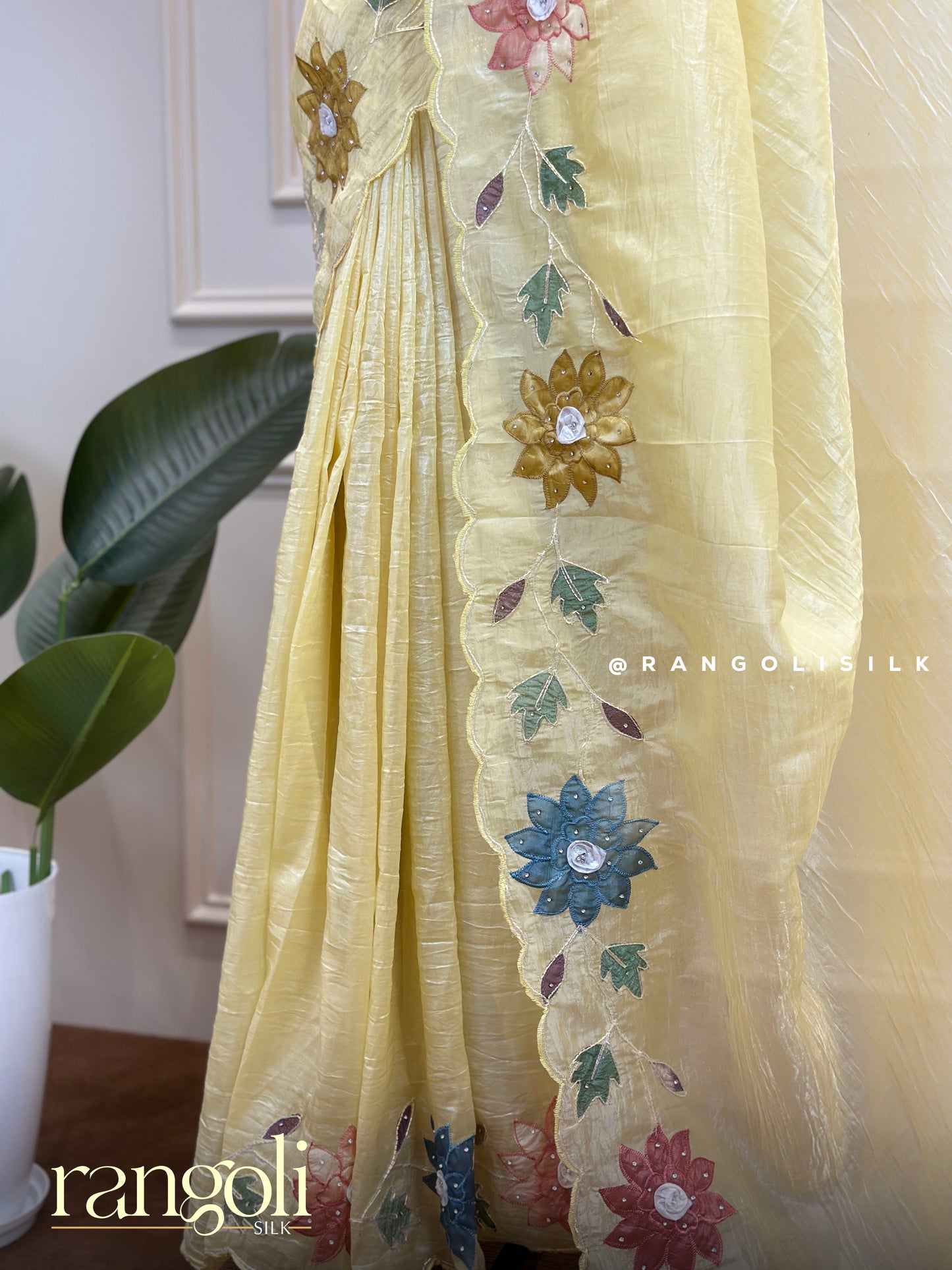 Lemon Yellow Designer Saree with Multicolour Floral Embroidery & Scalloped Border - Post 670