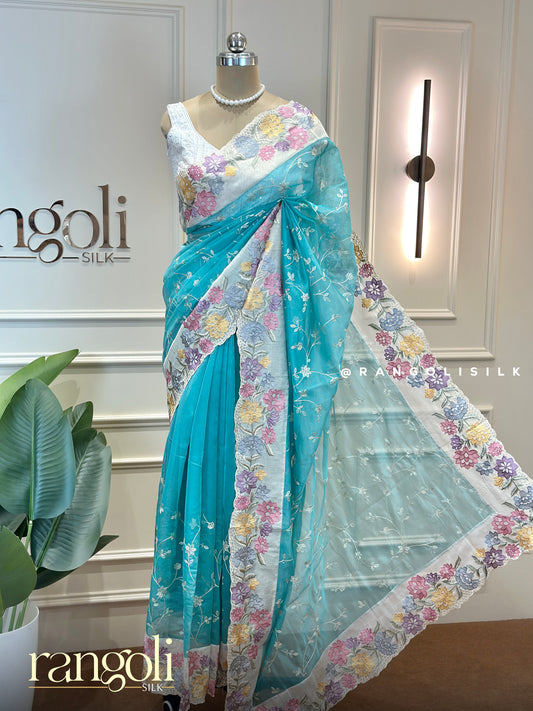 Designer Floral Print Saree with Botanical Motifs & Detailed Border - Post 988