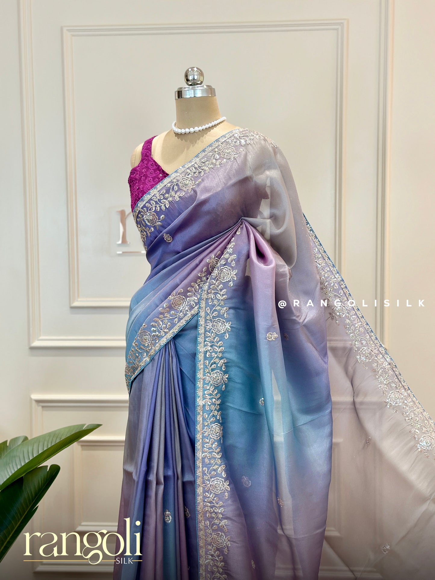 Elegant Lilac & Blue Ombré Designer Saree with Delicate Zari Embroidery – Post 578