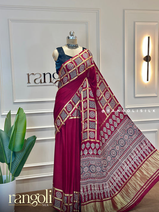 Ajrakh Hand Block Print Saree with Rich Golden Borders - Post 468