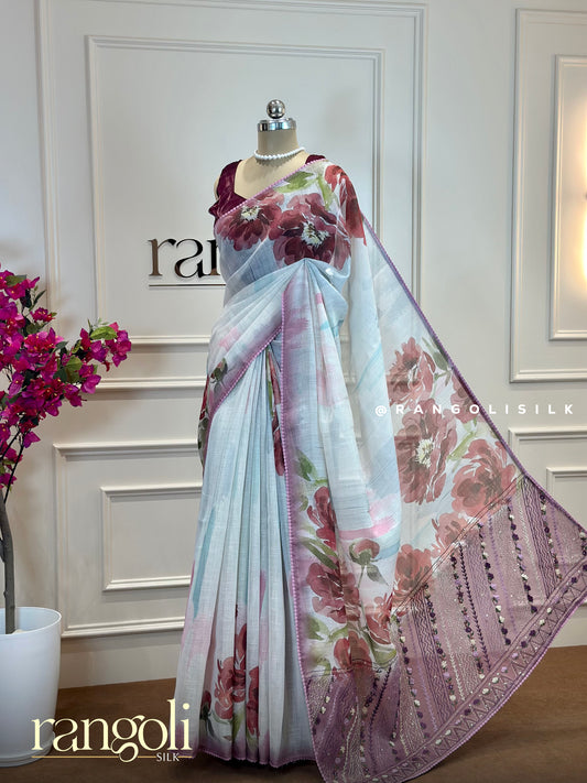 Soft Pastel Cotton Saree with Bold Floral Prints & Embroidered Pallu - Post 464