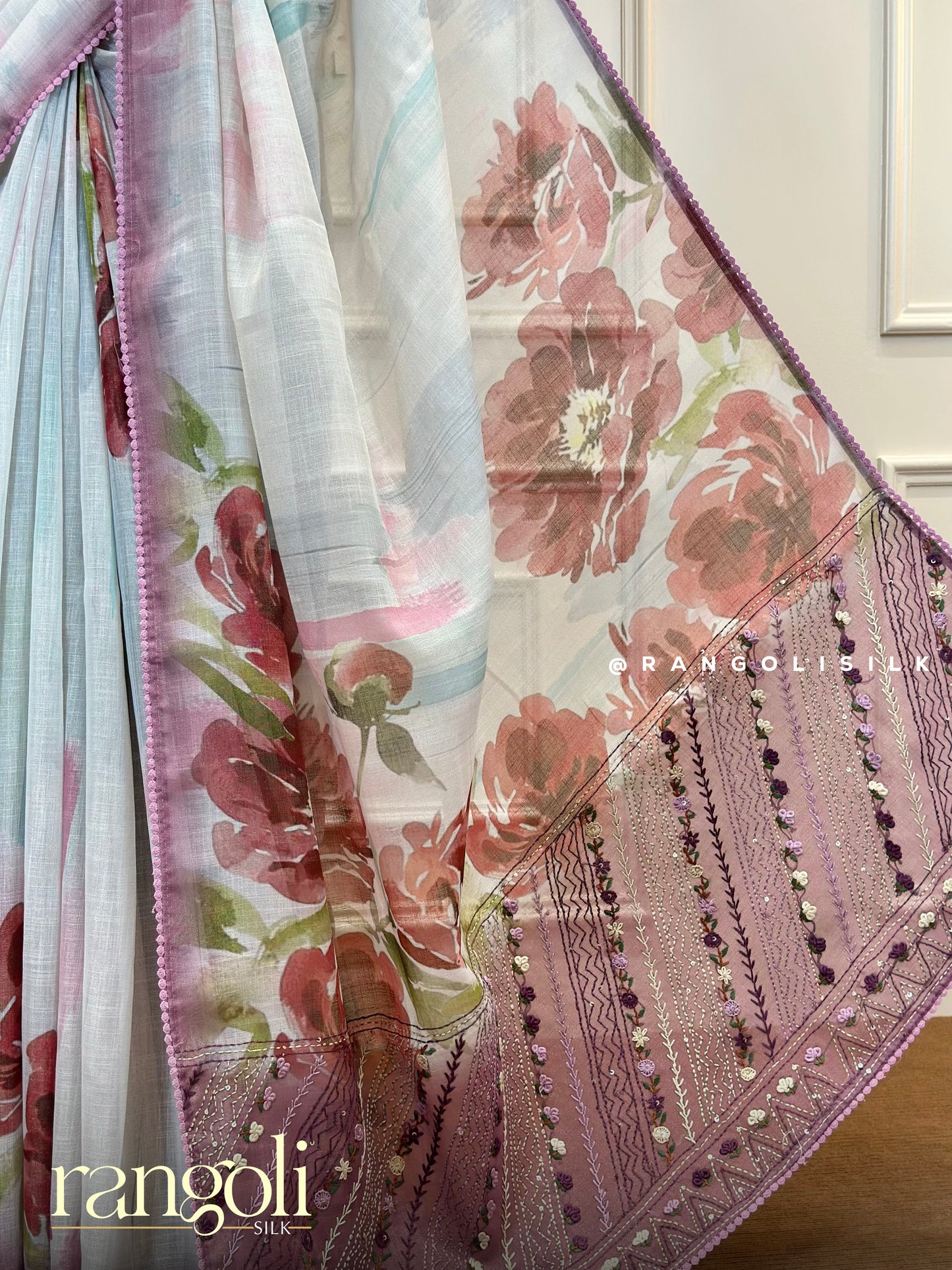 Soft Pastel Cotton Saree with Bold Floral Prints & Embroidered Pallu - Post 464
