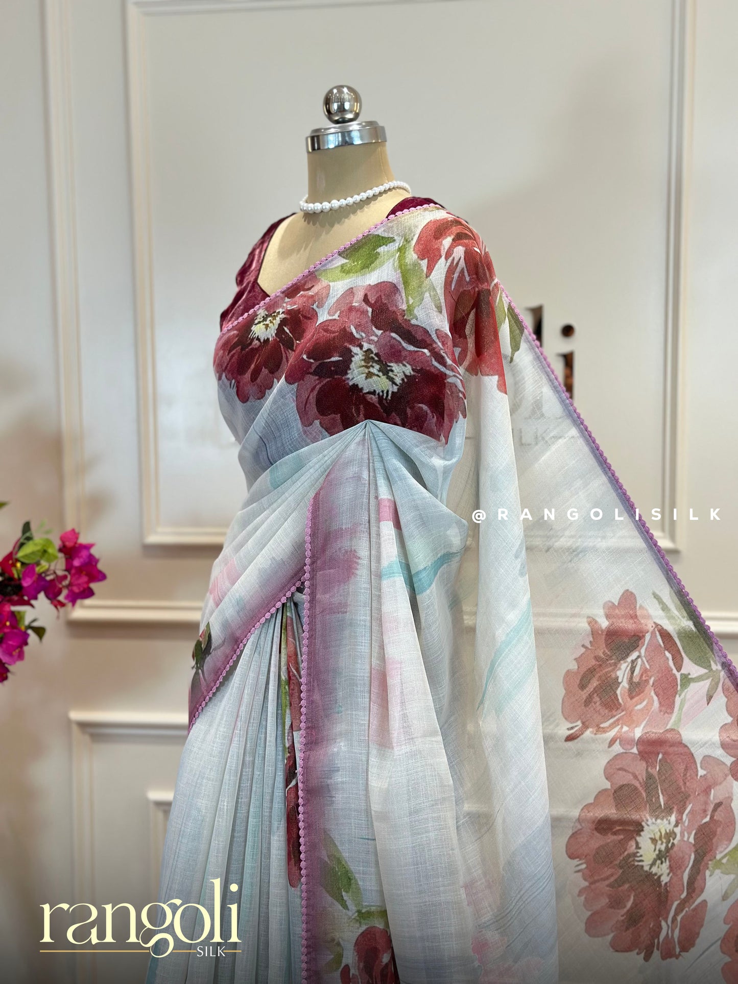 Soft Pastel Cotton Saree with Bold Floral Prints & Embroidered Pallu - Post 464