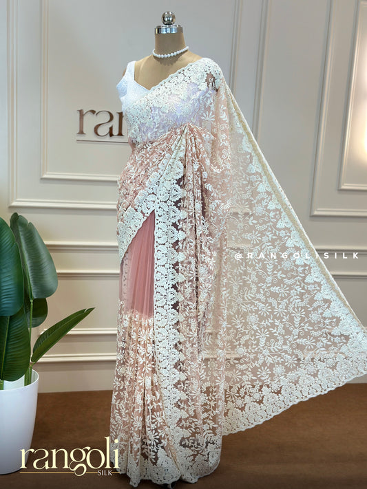 Elegant Blush Pink & Ivory Designer Netted Saree with Embroidery and Stone Work - Post 688