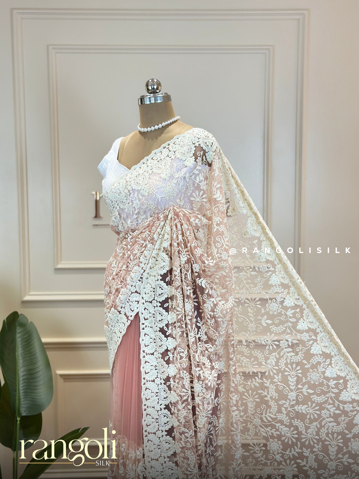 Elegant Blush Pink & Ivory Designer Netted Saree with Embroidery and Stone Work - Post 688