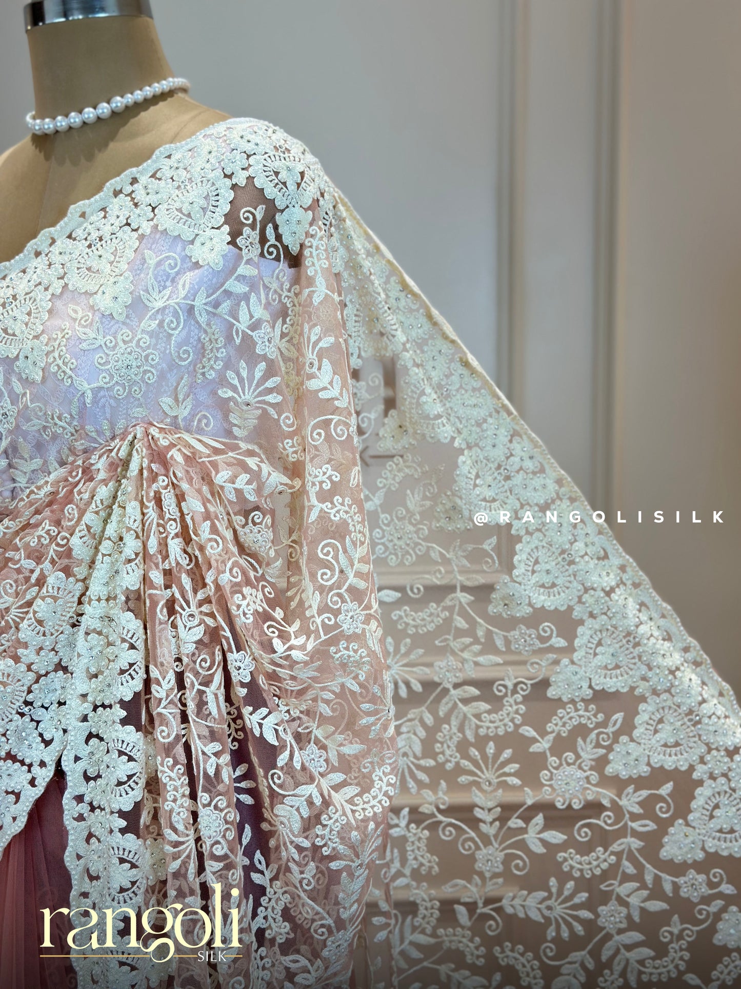 Elegant Blush Pink & Ivory Designer Netted Saree with Embroidery and Stone Work - Post 688